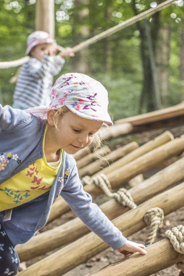 Mädchen im Wald blanciert auf einer Holzbrücke 