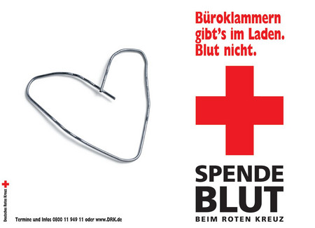 Spende Blut beim Roten Kreuz Büroklammer links, Logo des DRK rechts